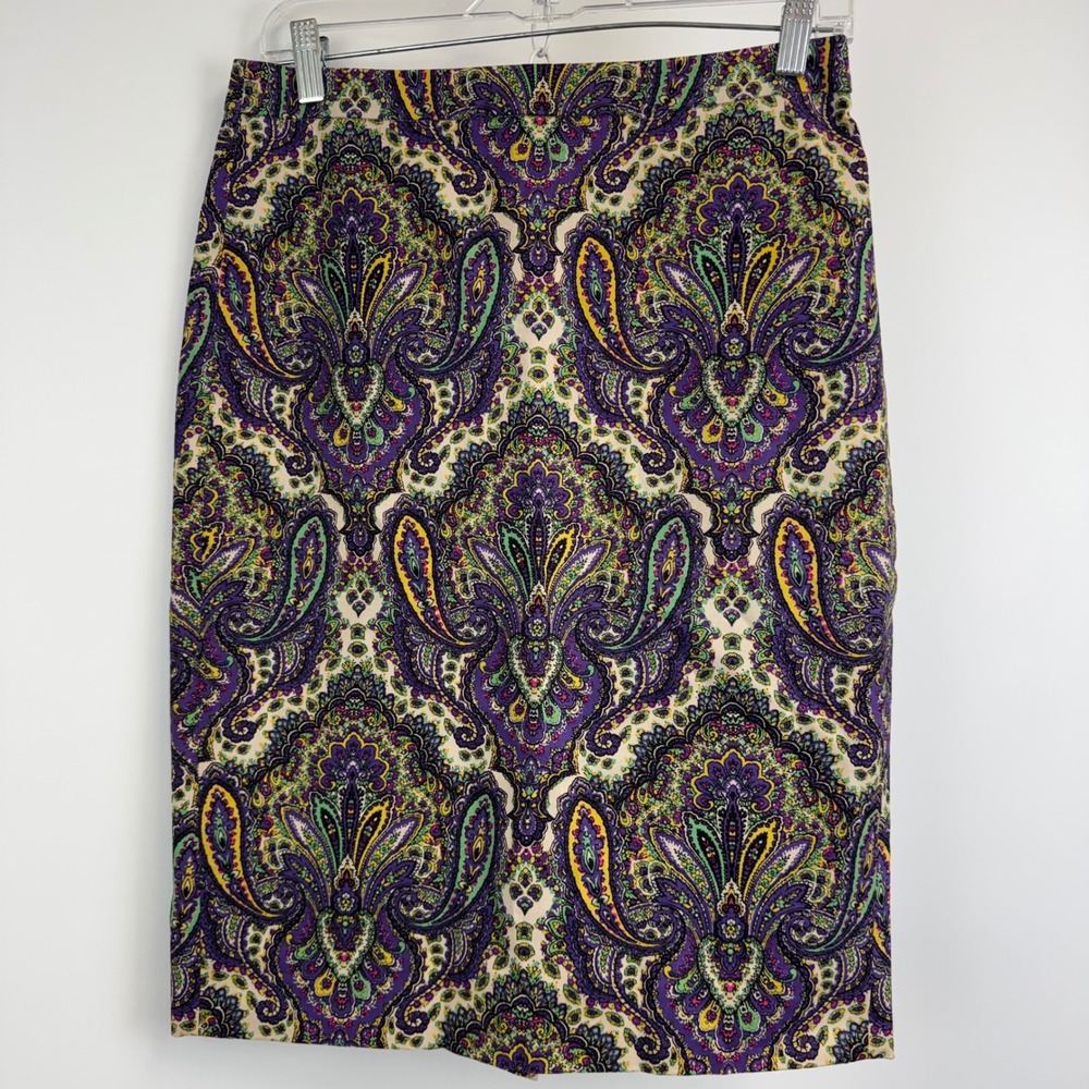 J.Crew No. 2 Pencil Skirt Size 2 Purple Green Paisley Cotton Stretch Knee Length